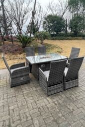 Fimous PE Rattan Gas Fire Pit Oblong Table Gas Heater Adjustable Chair & Table Set 6 Seat in Dark Grey - thumbnail 4