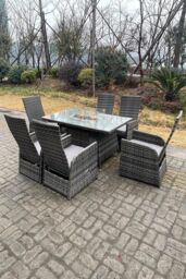 Fimous PE Rattan Gas Fire Pit Oblong Table Gas Heater Adjustable Chair & Table Set 6 Seat in Dark Grey