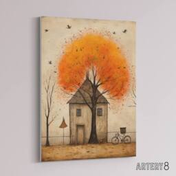 "Artery8 Country House Rural Life in Autumn Canvas Wall Art Print in Orange - Size: W18"" x H24""" - thumbnail 2