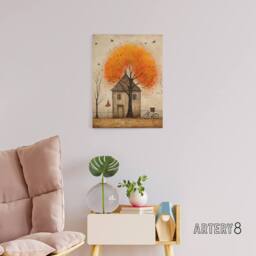 "Artery8 Country House Rural Life in Autumn Canvas Wall Art Print in Orange - Size: W18"" x H24""" - thumbnail 3