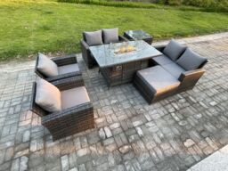 Fimous Wicker PE Rattan Garden Furniture Sets 7 Seater Patio Outdoor Gas Firepit Dining Table Heater Set with Double Seat Sofa in Dark Grey - thumbnail 2