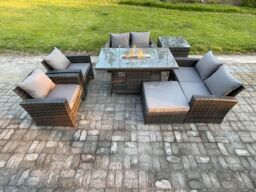 Fimous Wicker PE Rattan Garden Furniture Sets 7 Seater Patio Outdoor Gas Firepit Dining Table Heater Set with Double Seat Sofa in Dark Grey - thumbnail 1