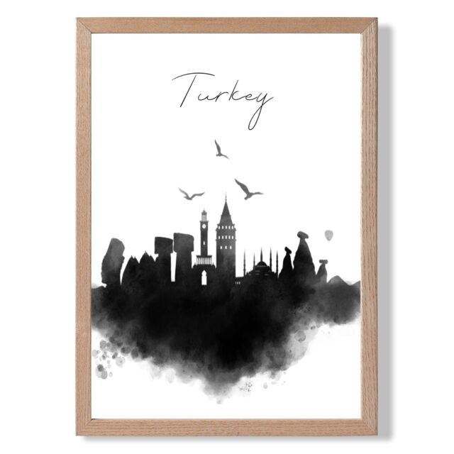 ARTZE Turkey Watercolour Skyline City Framed Print SIZE: A4 with Oak Frame in Black - image 1