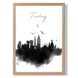 ARTZE Turkey Watercolour Skyline City Framed Print SIZE: A4 with Oak Frame in Black - thumbnail 1