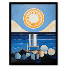 Artery8 Wall Art Print Beach Chair Daydream Oil Painting Blue Orange Abstract Seascape on a Sunny Day Bathroom Artwork Framed - Size: A4 - thumbnail 1