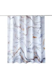 Neel Blue White & Grey Marble Polyester Shower Curtain With 12 Hooks - 180x200cm - Size: 180 cm width x 200 cm drop