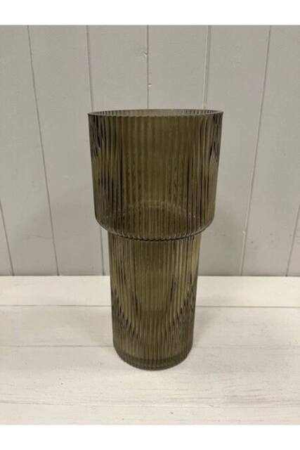 KDMD Olive Green Tall Glass Ribbed Vase - image 1