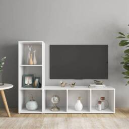 Berkfield Home TV Cabinets 2 pcs White 107x35x37 cm Engineered Wood - Size: 107 x 35 x 37 cm - thumbnail 2