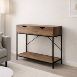 FORGEVIO 2 Tier Console Table Black Frame Wooden Drawer Hallway - thumbnail 1