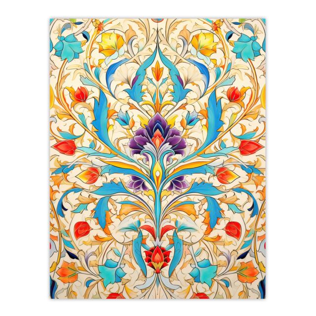 "Artery8 Wall Art Print Vibrant Arabesque Flower Design Purple Orange Blue Ornate Symmetrical Floral Pattern Poster - Size: W18"" x H24""" - image 1