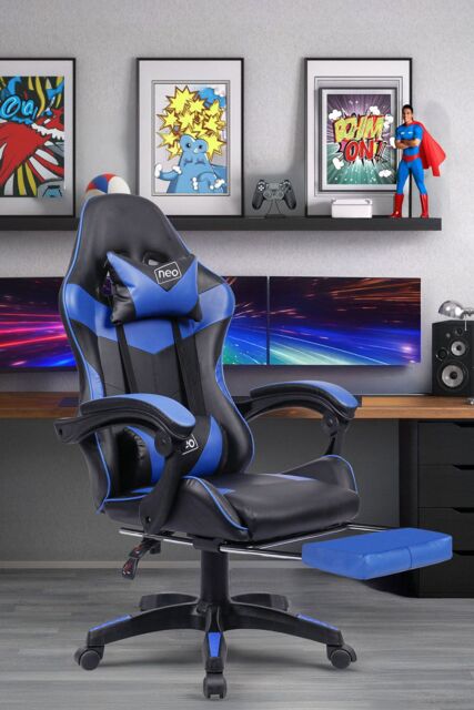 Neo Foot Turbo Massage Leather Recliner PC Gaming Chair with Footrest in Blue - image 1