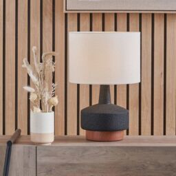 Ruma Wood Effect Textured Ceramic Table Lamp in Black - thumbnail 1