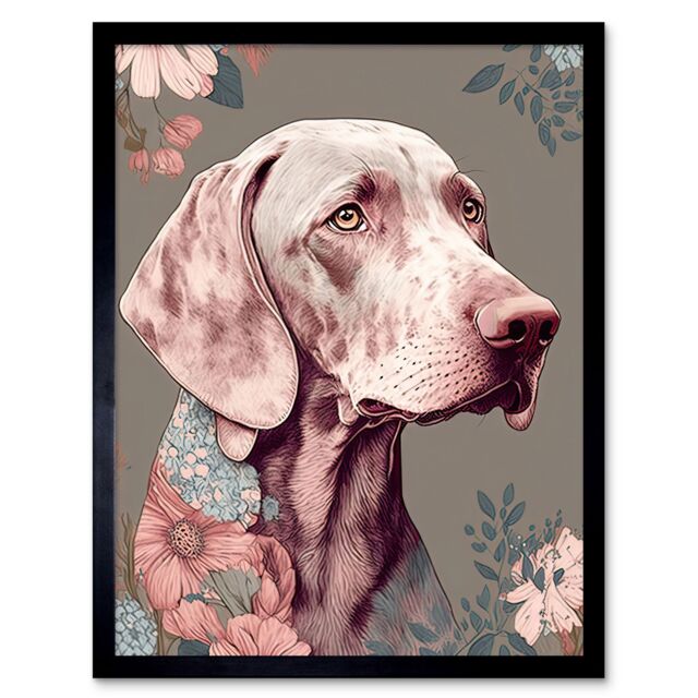 "Artery8 Wall Art Print Weimaraner Dog Portrait with Flower Patterns Modern Detailed Art Framed in Black - Size: W12"" x H16""" - image 1