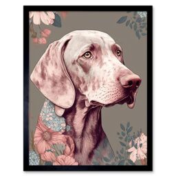 "Artery8 Wall Art Print Weimaraner Dog Portrait with Flower Patterns Modern Detailed Art Framed in Black - Size: W12"" x H16""" - thumbnail 1