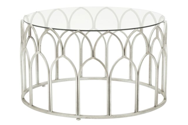Orsina Silver Leaf Coffee Table, Moorish Style Round Glass Coffee Table, Exotic Minaret Inspired Iron Frame - image 1