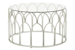 Orsina Silver Leaf Coffee Table, Moorish Style Round Glass Coffee Table, Exotic Minaret Inspired Iron Frame - thumbnail 5