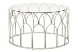 Orsina Silver Leaf Coffee Table, Moorish Style Round Glass Coffee Table, Exotic Minaret Inspired Iron Frame