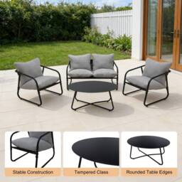 Alivio 4-Piece Outdoor Iron Patio Conversation Set w/ Waterproof Cushioned Loveseat, Armchairs & Coffee Table, 4-Seater Modern Metal Garden Furniture - thumbnail 2