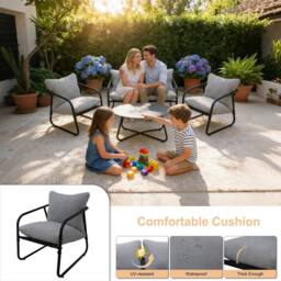 Alivio 4-Piece Outdoor Iron Patio Conversation Set w/ Waterproof Cushioned Loveseat, Armchairs & Coffee Table, 4-Seater Modern Metal Garden Furniture - thumbnail 4