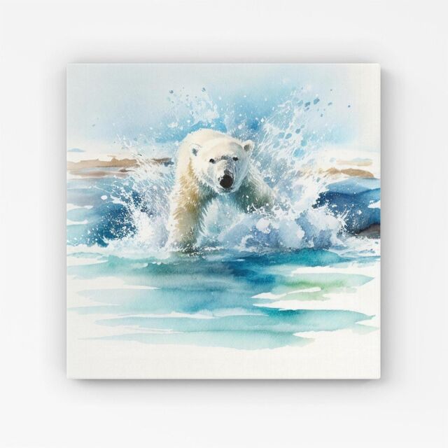Warren Reed - Designer Hunting Polar Bear Watercolour Canvas in Brown - Size: w10 inch x h10 inch - image 1