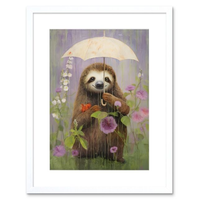 Artery8 Wall Art Print Picking Flowers in the Rain Oil Painting Cute Sloth w/ an Umbrella in a Wildflower Meadow Kids Bedroom Artwork Framed 9X7 Inch - image 1