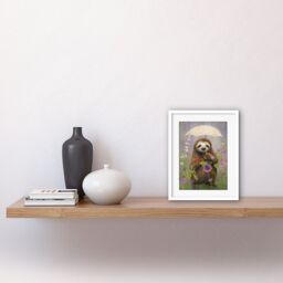 Artery8 Wall Art Print Picking Flowers in the Rain Oil Painting Cute Sloth w/ an Umbrella in a Wildflower Meadow Kids Bedroom Artwork Framed 9X7 Inch - thumbnail 2