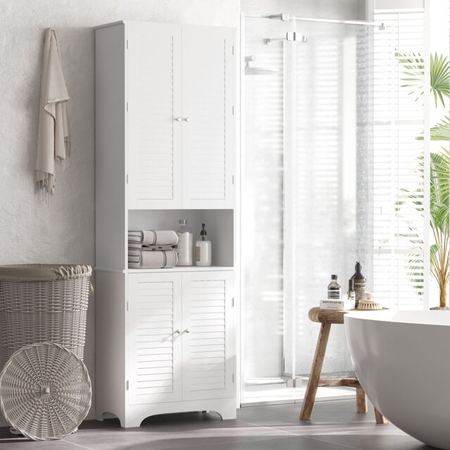 HOMCOM Tall Freestanding Bathroom Cabinet Retro Shutters 3 Shelves in White - image 1