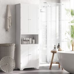 HOMCOM Tall Freestanding Bathroom Cabinet Retro Shutters 3 Shelves in White - thumbnail 1