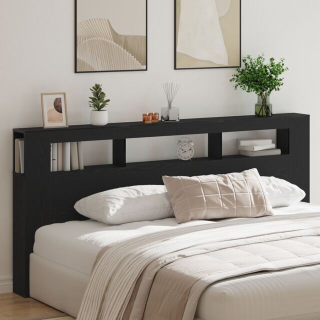 Berkfield Home Storage Headboard with LED Lights Black Oak 220x18, 5x103, 5 cm - image 1