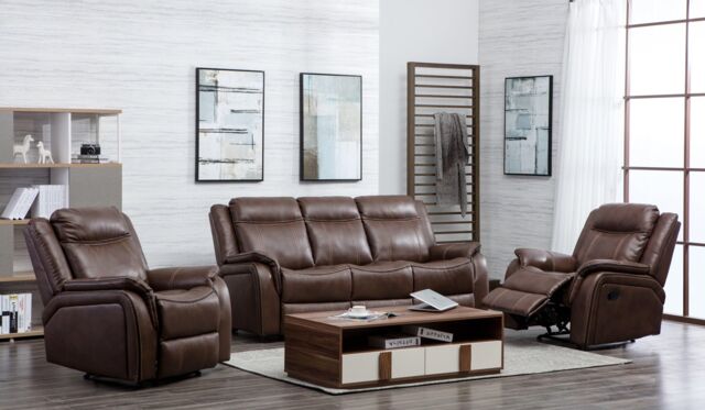 Furnishings For Less UK New Hampshire 3 Piece Sofa Suite Reclining Armchairs Leatherair Leather 3 + 1 + 1 in Tan - image 1