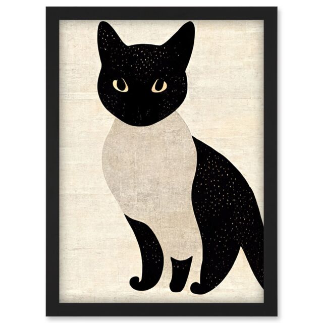 Artery8 Woodblock Cute Black & White Cat Japan Ukiyo-e Artwork Framed Wall Art Print A4 - image 1