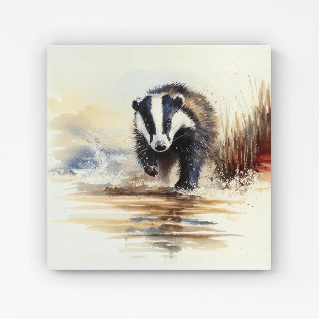 "Warren Reed - Designer Wading Badger Watercolour Canvas in Brown - Size: W16"" x H16""" - image 1