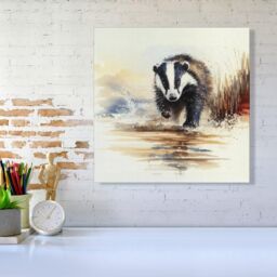 "Warren Reed - Designer Wading Badger Watercolour Canvas in Brown - Size: W16"" x H16""" - thumbnail 2