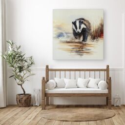 "Warren Reed - Designer Wading Badger Watercolour Canvas in Brown - Size: W16"" x H16""" - thumbnail 3