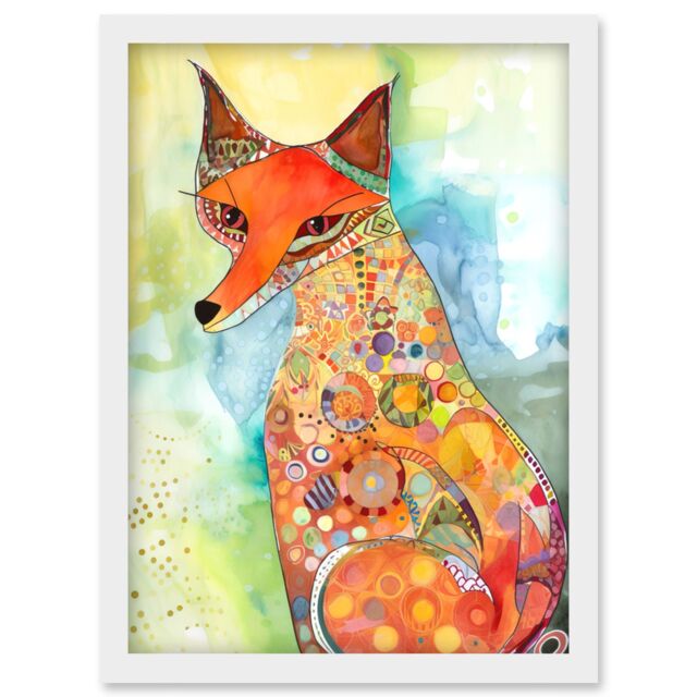 Artery8 Sitting Fox Folk Art Watercolour Painting Artwork Framed Wall Art Print A4 in White - image 1