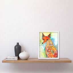 Artery8 Sitting Fox Folk Art Watercolour Painting Artwork Framed Wall Art Print A4 in White - thumbnail 2