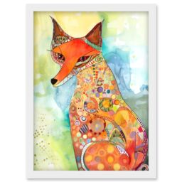 Artery8 Sitting Fox Folk Art Watercolour Painting Artwork Framed Wall Art Print A4 in White - thumbnail 1
