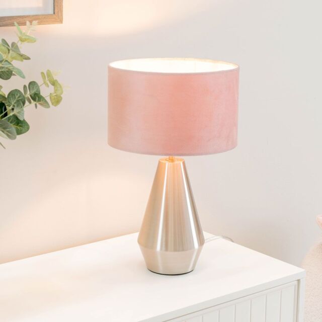 ValueLights Jax Brushed Chrome Dimmable Touch Table Lamp with Velvet Drum Shade in Baby Pink - image 1