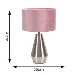ValueLights Jax Brushed Chrome Dimmable Touch Table Lamp with Velvet Drum Shade in Baby Pink - thumbnail 6