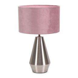 ValueLights Jax Brushed Chrome Dimmable Touch Table Lamp with Velvet Drum Shade in Baby Pink - thumbnail 2