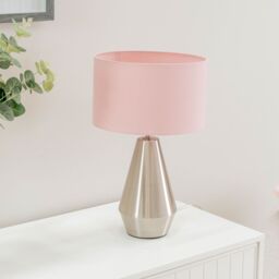ValueLights Jax Brushed Chrome Dimmable Touch Table Lamp with Velvet Drum Shade in Baby Pink - thumbnail 5