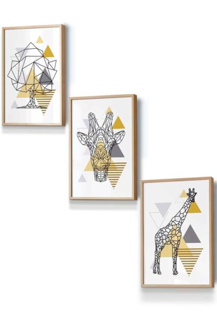 ARTZE Geometric Line Art Yellow Giraffe Tree Set Framed Wall Art - Small in Light Oak - Size: W33 cm x H45 cm x D20mm - image 1