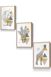 ARTZE Geometric Line Art Yellow Giraffe Tree Set Framed Wall Art - Small in Light Oak - Size: W33 cm x H45 cm x D20mm