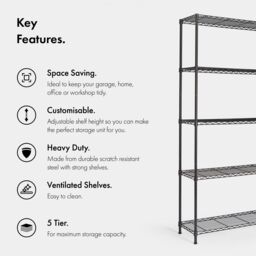 VonHaus 5 Tier Metal Wire Shelving Unit in Black - thumbnail 2