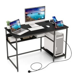 Costway 120CM Computer Desk with Power Outlet & Shelf Home Office Studying Table in Black