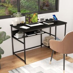 Costway 120CM Computer Desk with Power Outlet & Shelf Home Office Studying Table in Black - thumbnail 5