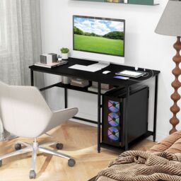 Costway 120CM Computer Desk with Power Outlet & Shelf Home Office Studying Table in Black - thumbnail 3
