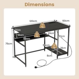 Costway 120CM Computer Desk with Power Outlet & Shelf Home Office Studying Table in Black - thumbnail 2