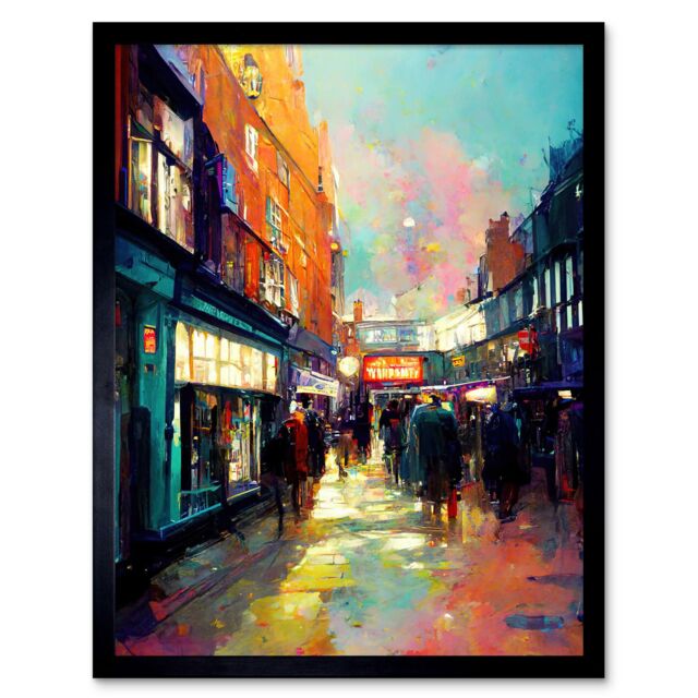 "Artery8 Wall Art Print Carnaby Street London Bright Acrylic Painting Art Framed in Black - Size: W12"" x H16""" - image 1