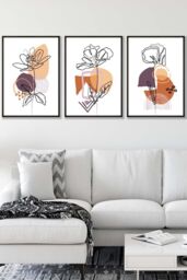 ARTZE Set of 3 Black Framed Line Art Flowers on Purple Orange Boho Shapes Wall Art - Size: W33 cm x H45 cm x D20mm - thumbnail 1